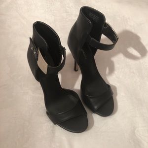 Black open toe ankle strap stiletto heels